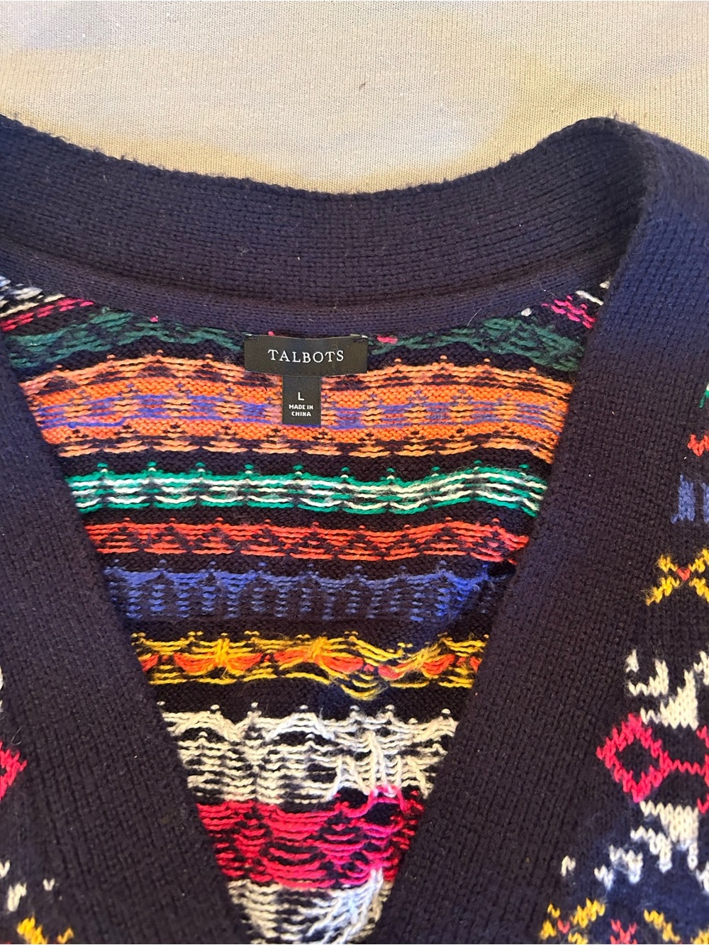 Talbots Fair Isle Cardigan Sweater Large Navy Multicolor Button Front Cozy - Picture 7 of 8